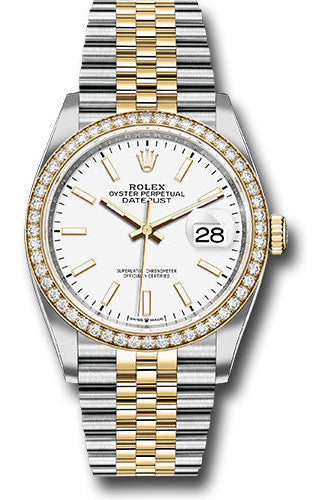 Rolex Steel and Yellow Gold Rolesor Datejust 36 Watch - Yellow Diamond Bezel - White Index Dial - Jubilee Bracelet -