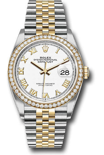 Rolex Steel and Yellow Gold Rolesor Datejust 36 Watch - Yellow Diamond Bezel - White Roman Dial - Jubilee Bracelet -