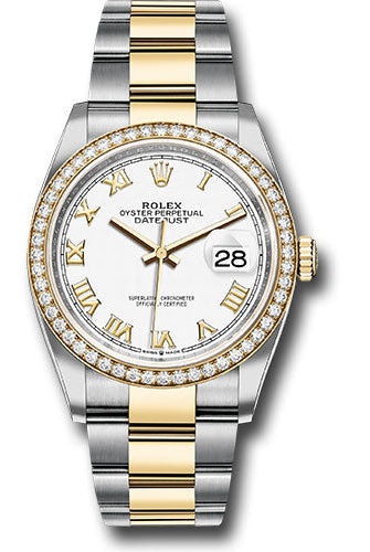 Rolex Steel and Yellow Gold Rolesor Datejust 36 Watch - Diamond Bezel - White Roman Dial - Oyster Bracelet - 126283RBR wro