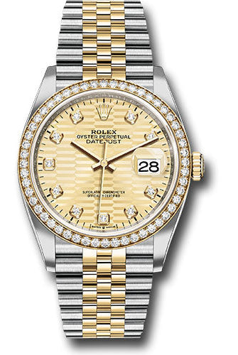 Rolex Yellow Rolesor Datejust 36 Watch - Diamond Bezel - Golden Fluted Motif Diamond Dial - Jubilee Bracelet - 126283rbr