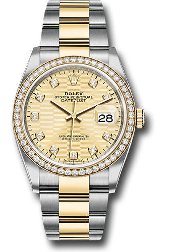 Rolex Yellow Rolesor Datejust 36 Watch - Diamond Bezel - Golden Fluted Motif Diamond Dial - Oyster Bracelet - 126283rbr