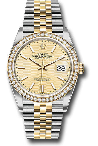 Rolex Yellow Rolesor Datejust 36 Watch - Diamond Bezel - Golden Fluted Motif Index Dial - Jubilee Bracelet - 126283rbr gflmij