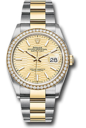 Rolex Yellow Rolesor Datejust 36 Watch - Diamond Bezel - Golden Fluted Motif Index Dial - Oyster Bracelet - 126283rbr gflmio