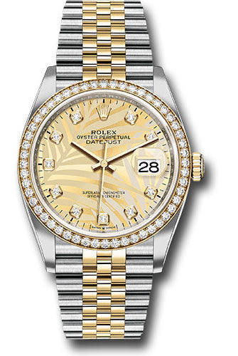 Rolex Yellow Rolesor Datejust 36 Watch - Diamond Bezel - Golden Palm Motif Diamond Dial - Jubilee Bracelet - 126283rbr gpmdj