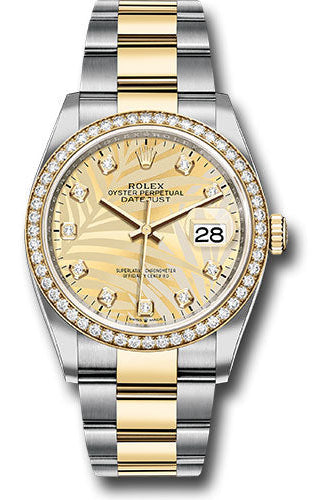 Rolex Yellow Rolesor Datejust 36 Watch - Diamond Bezel - Golden Palm Motif Diamond Dial - Oyster Bracelet - 126283rbr gpmdo