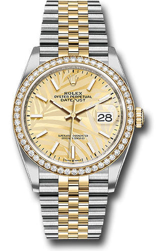 Rolex Yellow Rolesor Datejust 36 Watch - Diamond Bezel - Golden Palm Motif Index Dial - Jubilee Bracelet - 126283rbr gpmij