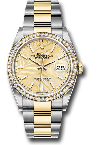 Rolex Yellow Rolesor Datejust 36 Watch - Diamond Bezel - Golden Palm Motif Index Dial - Oyster Bracelet - 126283rbr gpmio