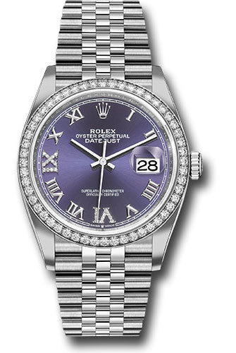 Rolex Steel Datejust 36 Watch - Diamond Bezel - Aubergine Purple Diamond Roman VI and IX Dial - Jubilee Bracelet - 126284RBR