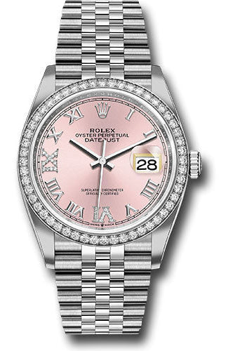Rolex Steel Datejust 36 Watch - Diamond Bezel - Pink Diamond Roman VI and IX Dial - Jubilee Bracelet - 126284RBR pdr69j