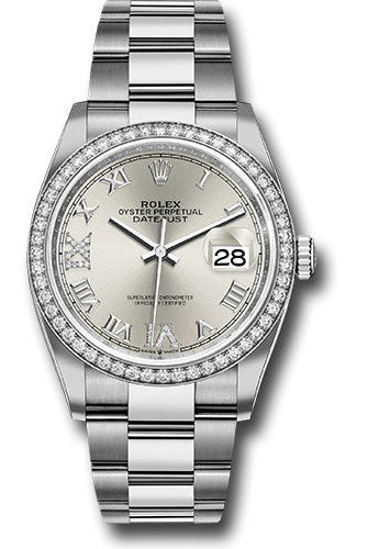 Rolex Steel Datejust 36 Watch - Diamond Bezel - Silver Diamond Roman VI and IX Dial - Oyster Bracelet - 126284RBR sdr69o