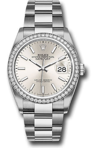 Rolex Steel Datejust 36 Watch - Diamond Bezel - Silver Index Dial - Oyster Bracelet - 126284RBR sio