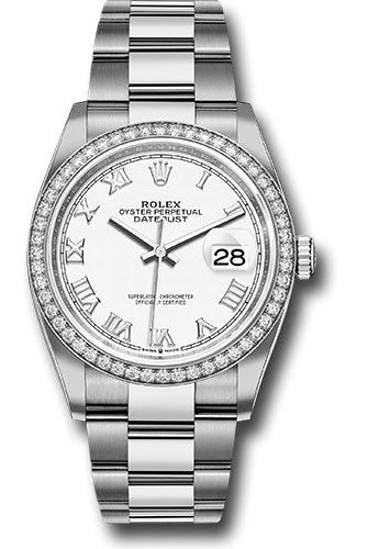 Rolex Steel Datejust 36 Watch - Diamond Bezel - White Roman Dial - Oyster Bracelet - 126284RBR wro
