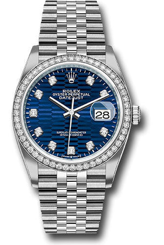 Rolex White Rolesor Datejust 36 Watch - Diamond Bezel - Bright Blue Fluted Motif Diamond Dial - Jubilee Bracelet - 126284rbr