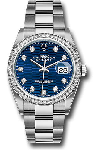 Rolex White Rolesor Datejust 36 Watch - Diamond Bezel - Bright Blue Fluted Motif Diamond Dial - Oyster Bracelet - 126284rbr