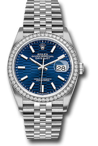 Rolex White Rolesor Datejust 36 Watch - Diamond Bezel - Bright Blue Fluted Motif Index Dial - Jubilee Bracelet - 126284rbr