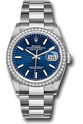 Rolex White Rolesor Datejust 36 Watch - Diamond Bezel - Bright Blue Fluted Motif Index Dial - Oyster Bracelet - 126284rbr