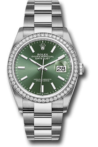 Rolex White Rolesor Datejust 36 Watch - Diamond Bezel - Mint Green Index Dial - Oyster Bracelet - 126284rbr mgio