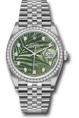 Rolex White Rolesor Datejust 36 Watch - Diamond Bezel - Olive Green Palm Motif Diamond 6 Dial - Jubilee Bracelet - 126284rbr