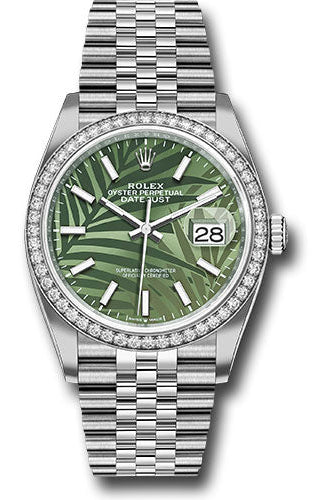 Rolex White Rolesor Datejust 36 Watch - Diamond Bezel - Olive Green Palm Motif Index 6 Dial - Jubilee Bracelet - 126284rbr