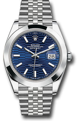 Rolex Oystersteel Datejust 41 Watch - Smooth Bezel - Bright Blue Fluted Motif Index Dial - Jubilee Bracelet - 126300 blflmij