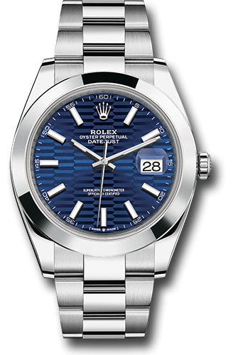 Rolex Oystersteel Datejust 41 Watch - Smooth Bezel - Bright Blue Fluted Motif Index Dial - Oyster Bracelet - 126300 blflmio