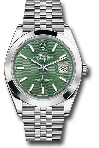 Rolex Oystersteel Datejust 41 Watch - Smooth Bezel - Mint Green Fluted Motif Index Dial - Jubilee Bracelet - 126300 mgflmij
