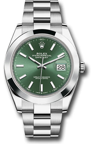 Rolex Oystersteel Datejust 41 Watch - Smooth Bezel - Mint Green Index Dial - Oyster Bracelet - 126300 mgio