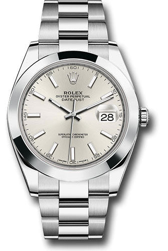 Rolex Steel Datejust 41 Watch - Smooth Bezel - Silver Index Dial - Oyster Bracelet - 126300 sio