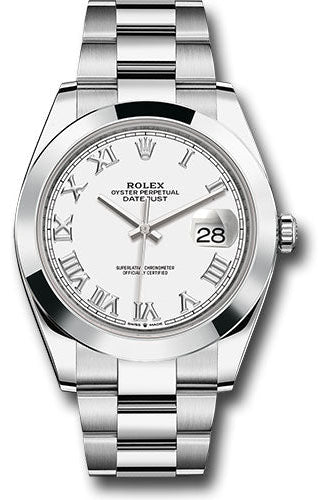 Rolex Steel Datejust 41 Watch - Smooth Bezel - White Roman Dial - Oyster Bracelet - 126300 wro