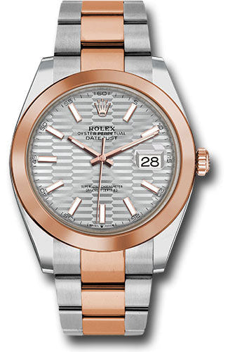 Rolex Everose Rolesor Datejust 41 Watch - Smooth Bezel - Silver Fluted Motif Index Dial - Oyster Bracelet - 126301 sflmio