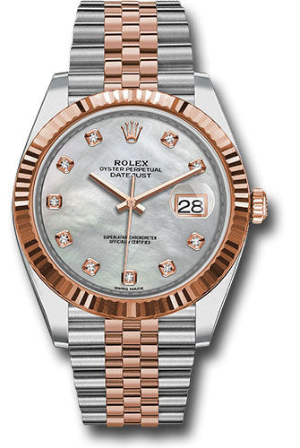 Rolex Steel and Everose Rolesor Datejust 41 Watch - Fluted Bezel - Mother-Of-Pearl Diamond Dial - Jubilee Bracelet - 126331