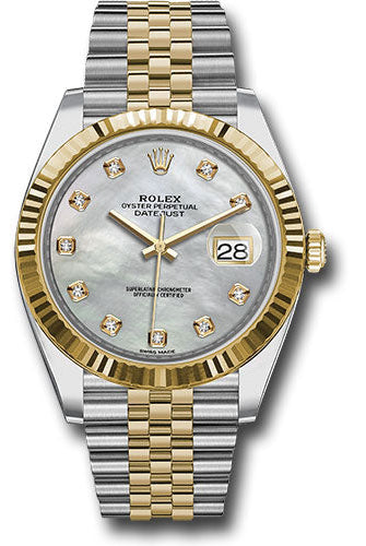 Rolex Steel and Yellow Gold Rolesor Datejust 41 Watch - Fluted Bezel - White Mother-Of-Pearl Diamond Dial - Jubilee Bracelet