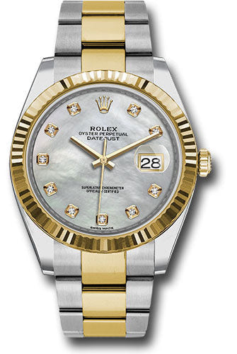 Rolex Steel and Yellow Gold Rolesor Datejust 41 Watch - Fluted Bezel - White Mother-Of-Pearl Diamond Dial - Oyster Bracelet