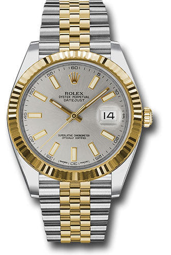 Rolex Steel and Yellow Gold Rolesor Datejust 41 Watch - Fluted Bezel - Silver Index Dial - Jubilee Bracelet - 126333 sij