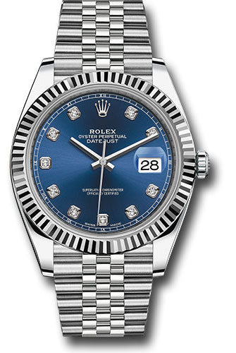 Rolex Steel and White Gold Rolesor Datejust 41 Watch - Fluted Bezel - Blue Diamond Dial - Jubilee Bracelet - 126334 bldj