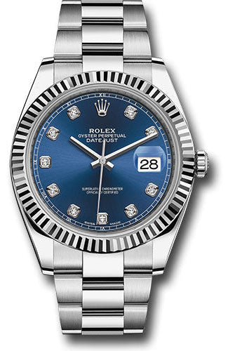 Rolex Steel and White Gold Rolesor Datejust 41 Watch - Fluted Bezel - Blue Diamond Dial - Oyster Bracelet - 126334 bldo