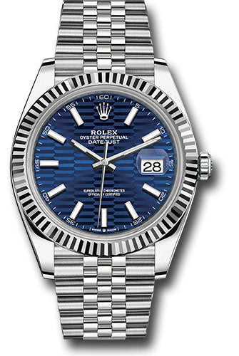 Rolex White Rolesor Datejust 41 Watch - Fluted Bezel - Bright Blue Fluted Motif Index Dial - Jubilee Bracelet - 126334