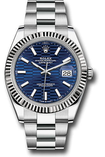Rolex White Rolesor Datejust 41 Watch - Fluted Bezel - Bright Blue Fluted Motif Index Dial - Oyster Bracelet - 126334 blflmio