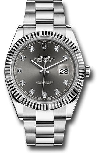 Rolex Steel and White Gold Rolesor Datejust 41 Watch - Fluted Bezel - Dark Rhodium Diamond Dial - Oyster Bracelet - 126334