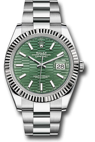 Rolex White Rolesor Datejust 41 Watch - Fluted Bezel - Mint Green Fluted Motif Index Dial - Oyster Bracelet - 126334 mgflmio