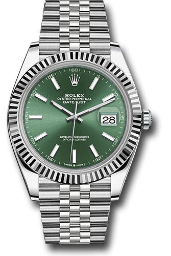 Rolex White Rolesor Datejust 41 Watch - Fluted Bezel - Mint Green Index Dial - Jubilee Bracelet - 126334 mgij