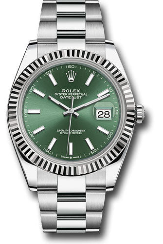Rolex White Rolesor Datejust 41 Watch - Fluted Bezel - Mint Green Index Dial - Oyster Bracelet - 126334 mgio
