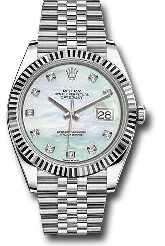 Rolex Steel and White Gold Rolesor Datejust 41 Watch - Fluted Bezel - White Mother-Of-Pearl Diamond Dial - Jubilee Bracelet