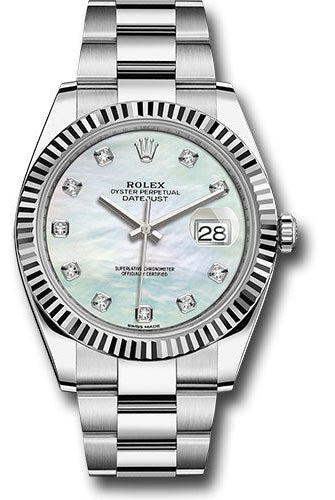 Rolex Steel and White Gold Rolesor Datejust 41 Watch - Fluted Bezel - White Mother-Of-Pearl Diamond Dial - Oyster Bracelet -
