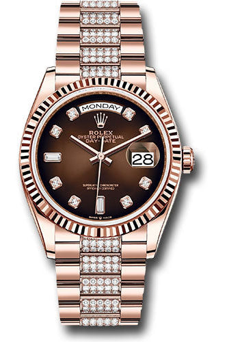 Rolex Everose Gold Day-Date 36 Watch - Fluted Bezel - Brown Ombre Diamond Dial - Diamond President Bracelet - 128235 broddp