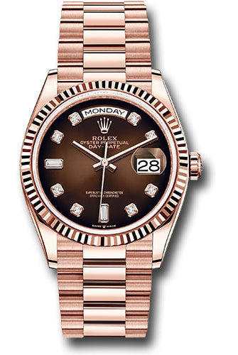 Rolex Everose Gold Day-Date 36 Watch - Fluted Bezel - Brown Ombre« Diamond Dial - President Bracelet - 128235 brodp