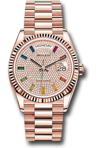 Rolex Everose Gold Day-Date 36 Watch - Fluted Bezel - Diamond-Paved Rainbow Sapphire Dial - President Bracelet - 128235 dprsp
