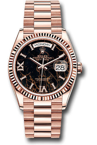 Rolex Everose Gold Day-Date 36 Watch - Fluted Bezel - Eisenkiesel Diamond Dial - President Bracelet - 128235 edr69p