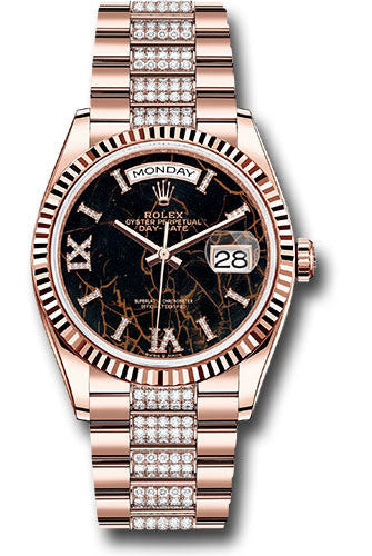 Rolex Everose Gold Day-Date 36 Watch - Fluted Bezel - Eisenkiesel Diamond Index Roman 9 Dial - Diamond President Bracelet -