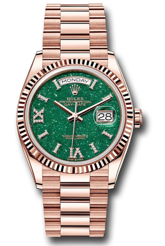Rolex Everose Gold Day-Date 36 Watch - Fluted Bezel - Green Aventurine Diamond Index Roman 9 Dial - President Bracelet -